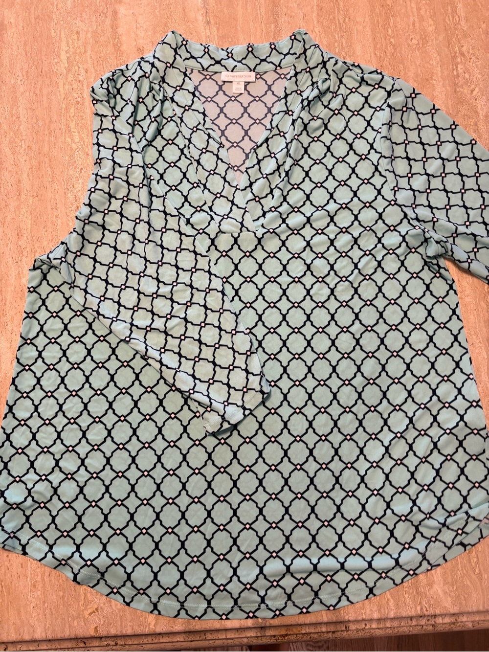 Charter Club Geometric Trellis Split-Neck Blouse | XXL | Light Mint Green & Blk